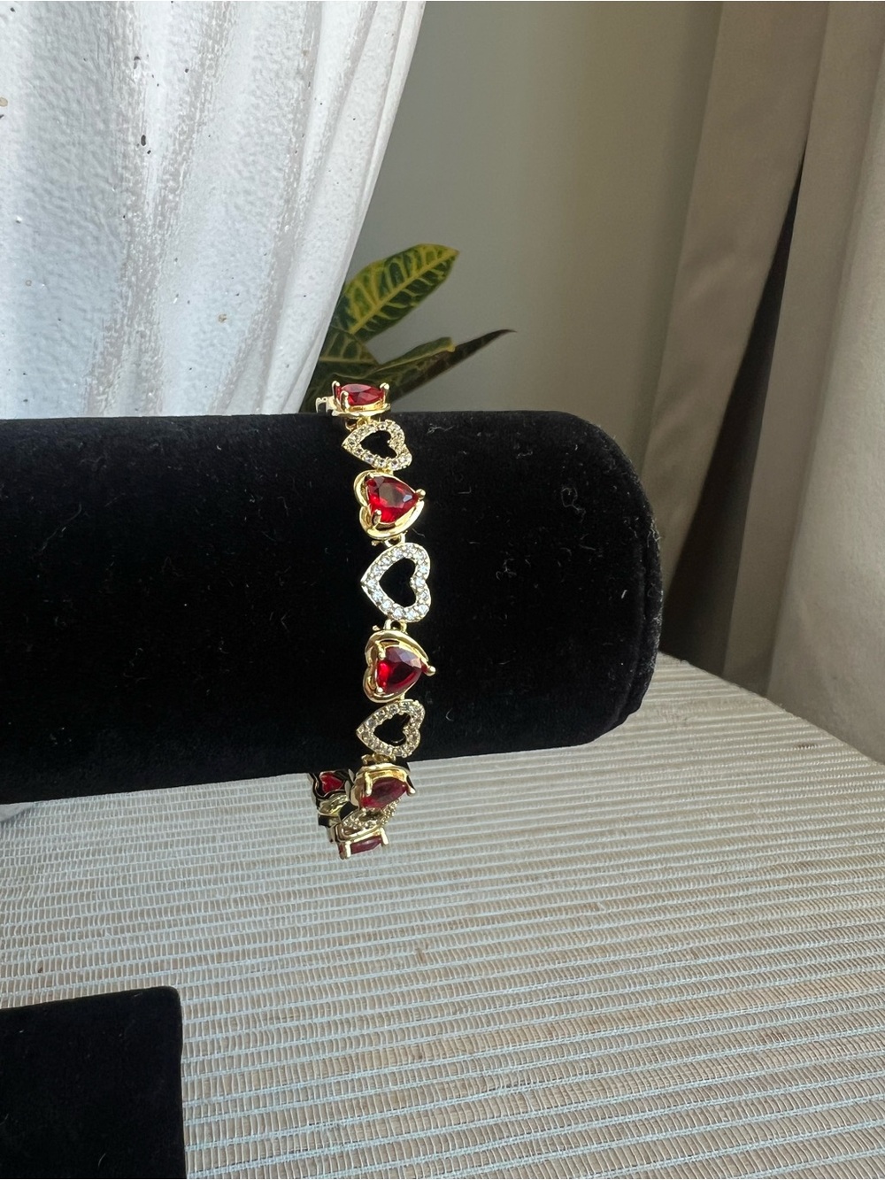 Gold Heart Link Bracelet with alternating Red Heart Stones and pavé hearts